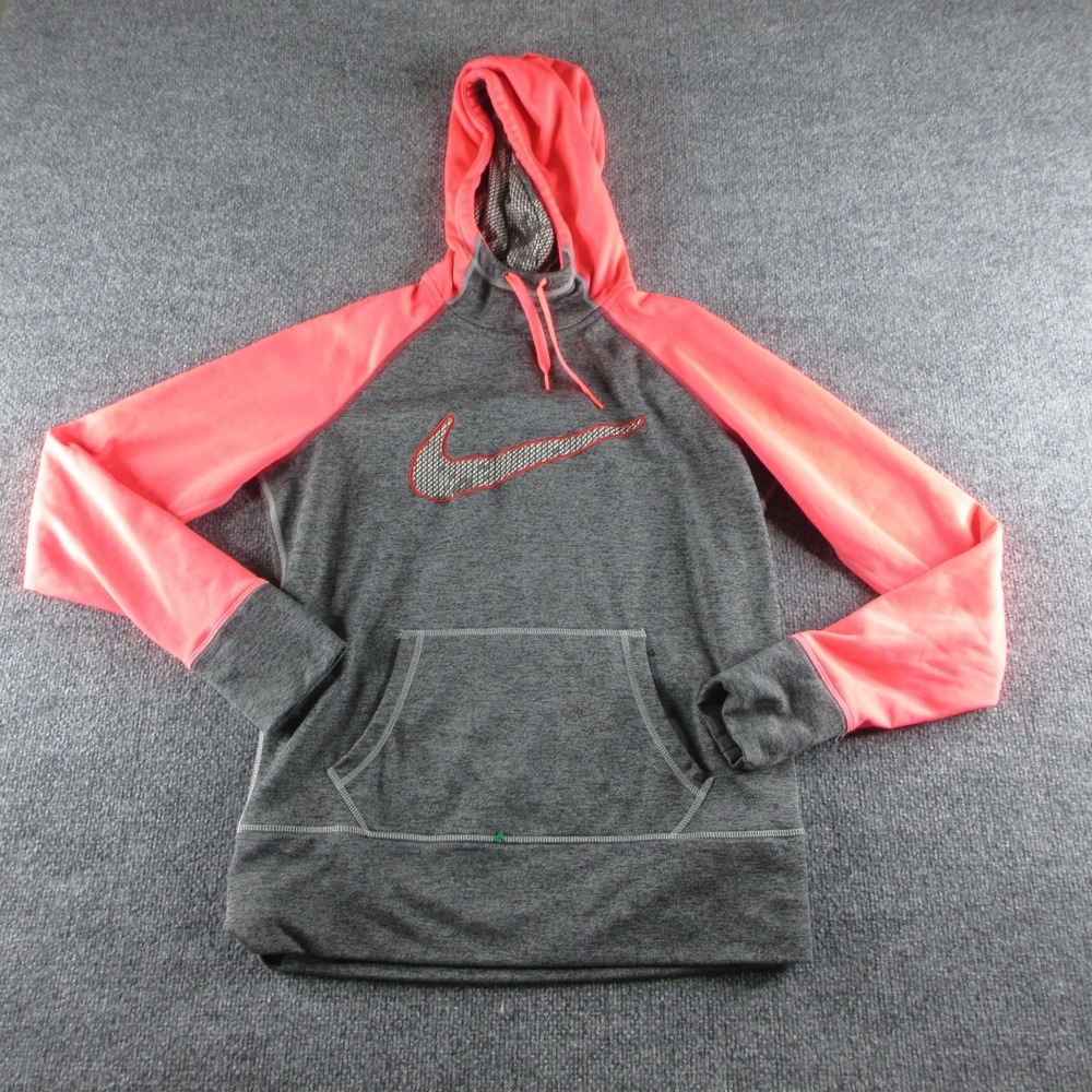 Nike Hoodie Womens M Gray Therma-Fit Fleece Pullover Swoosh Logo Raglan Athletic